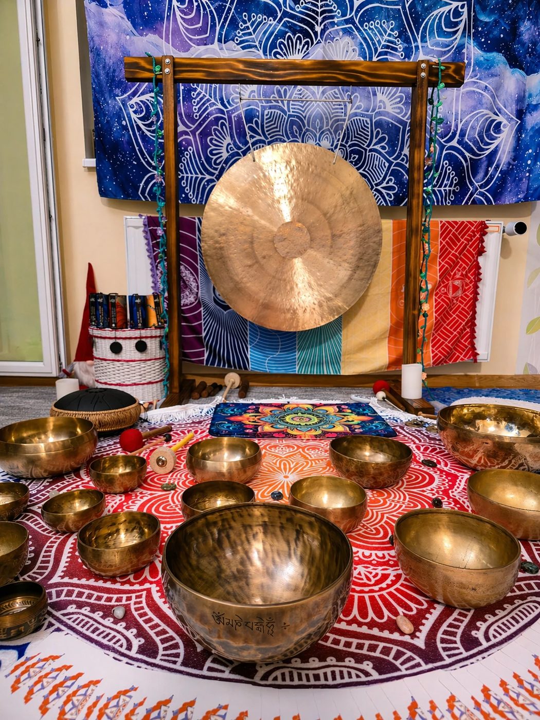 Gong és tibeti hangtálak mandalás terítőn